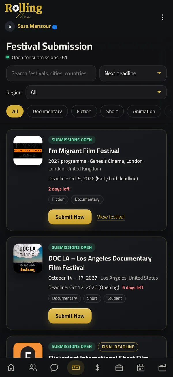 Rolling Now festival and funding deadlines calendar