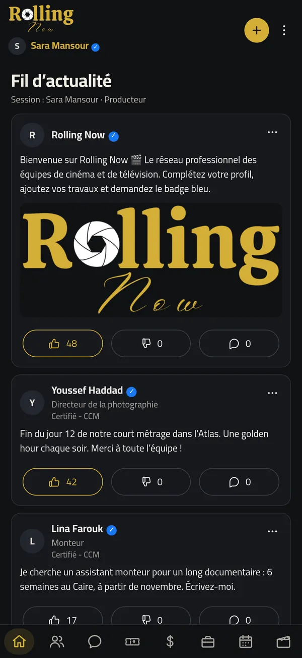 Rolling Now feed with posts from film crews